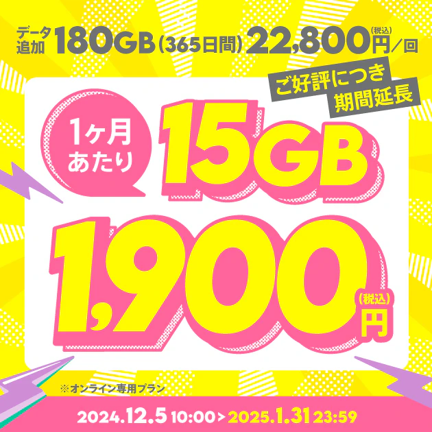 【期間限定】データ追加180GB(365日間)