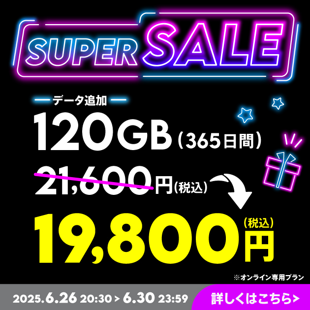 【スーパーセール】データ追加120GB(365日間)