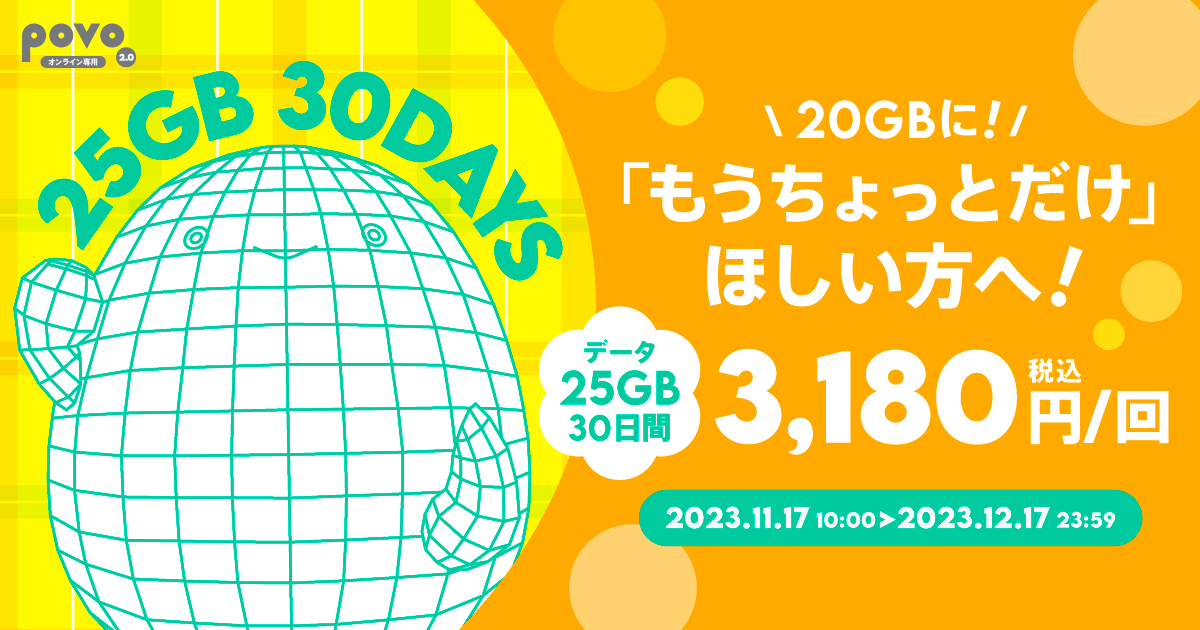 20GBにもうちょっとだけほしい方へ！データ25GB30日間3,180円。