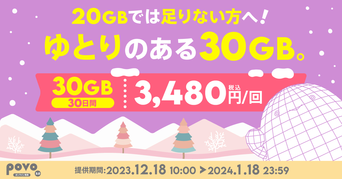20GBでは足りない方へ。ゆとりのある30GB。30GB30日3480円。