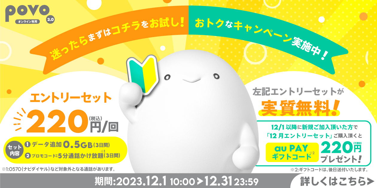 12月エントリセット220円が実質無料！