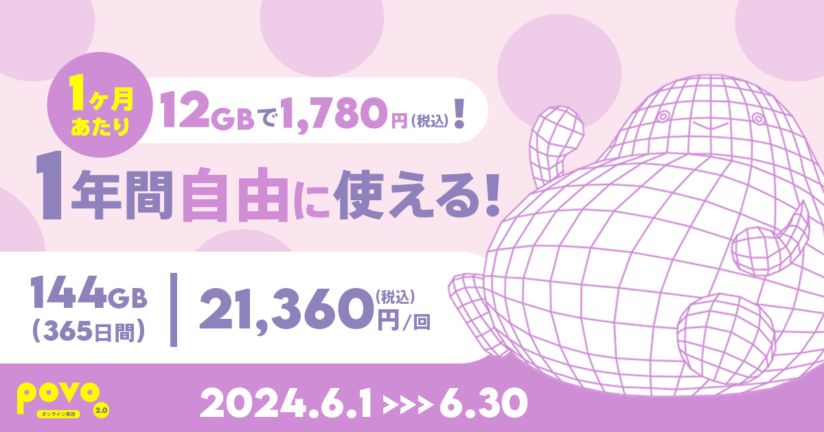 【期間限定】データ追加144GB（365日間）