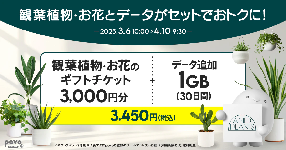 観葉植物・お花のギフトチケットとデータのセットトッピング