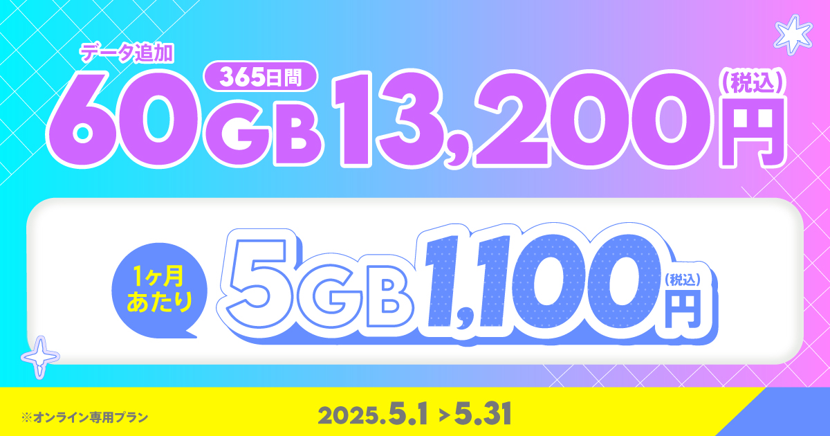 【期間限定】データ追加60GB(365日間)