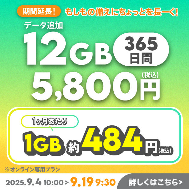 【期間限定】データ追加12GB(365日間)