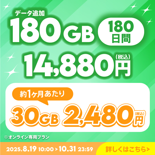 【期間限定】データ追加180GB(180日間)