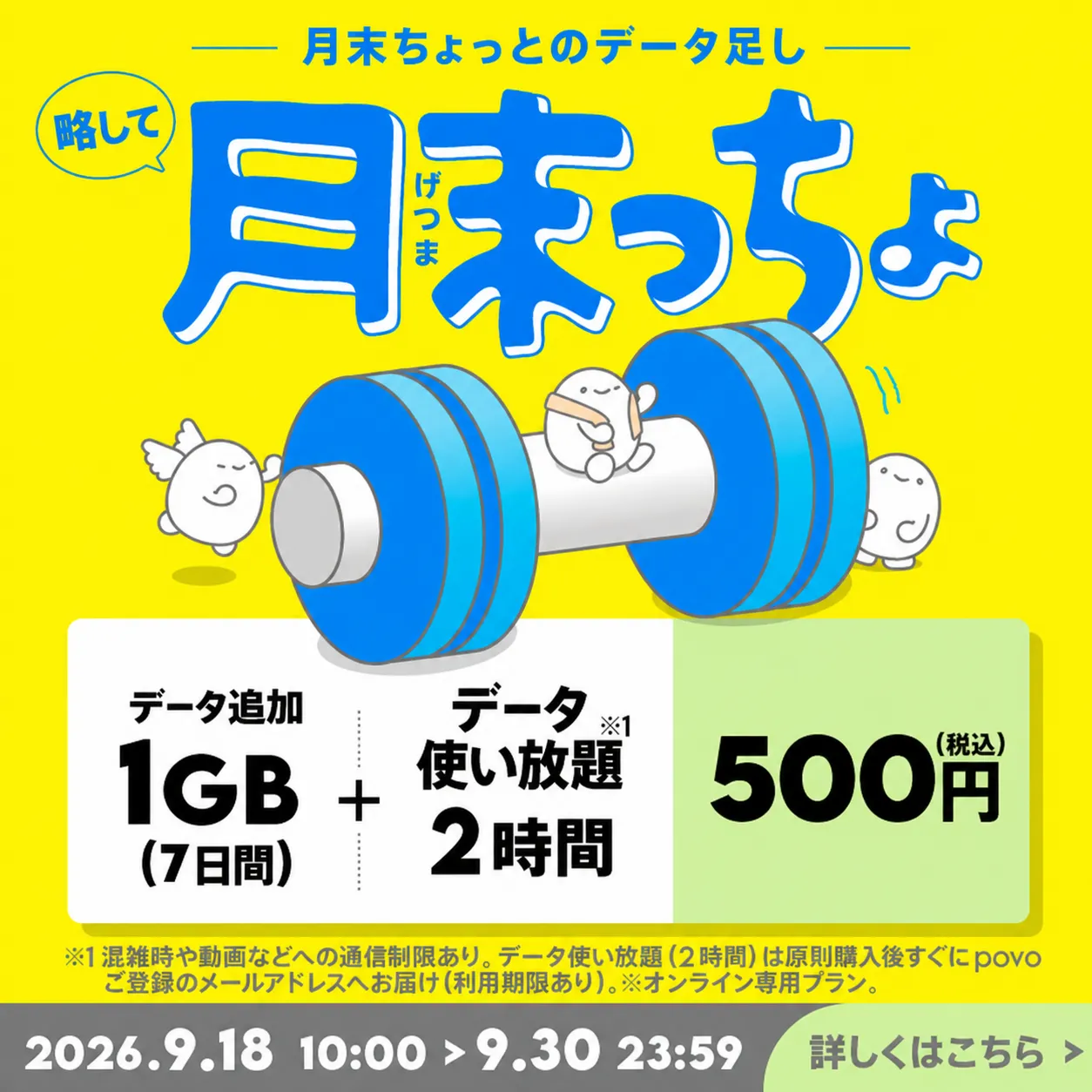 【月末っちょ】データ追加1GB(7日間)+データ使い放題(2時間)
