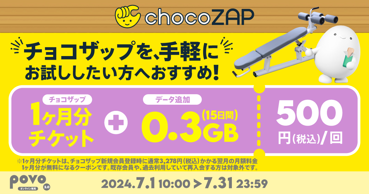 期間限定】チョコザップ1ヶ月分チケット＋データ追加0.3GB(15日間