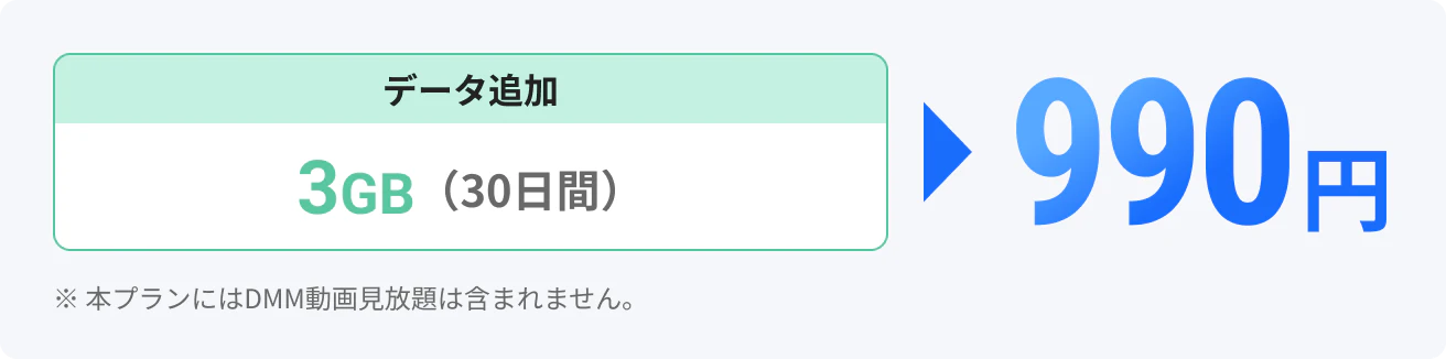データ追加3GB(30日間)990円 ※本プランにはDMM動画見放題は含まれません。
